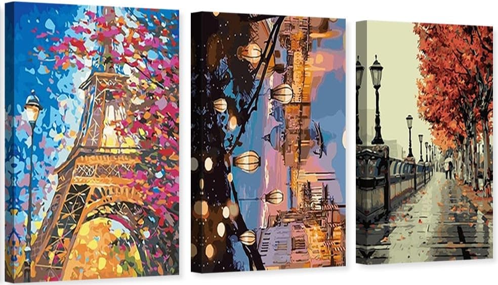 cupmod Paint by Number for Adults, 4 Pieces Paint by Numbers for Adults Beginner Drawing Paintwork with Paintbrushes Cityscape Paint Canvas Oil Painting 12X16inch