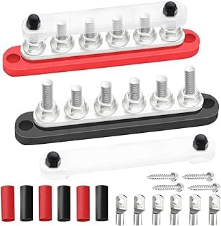 250A Bus Bar 12V Marine 6 x 5/16" (M8) Terminal Studs 12V-48V Power Distribution Block with Cover,with 6PCS Battery Lugs and 6PCS Heat Shrink Tubing Busbar for Boat Automotive Car