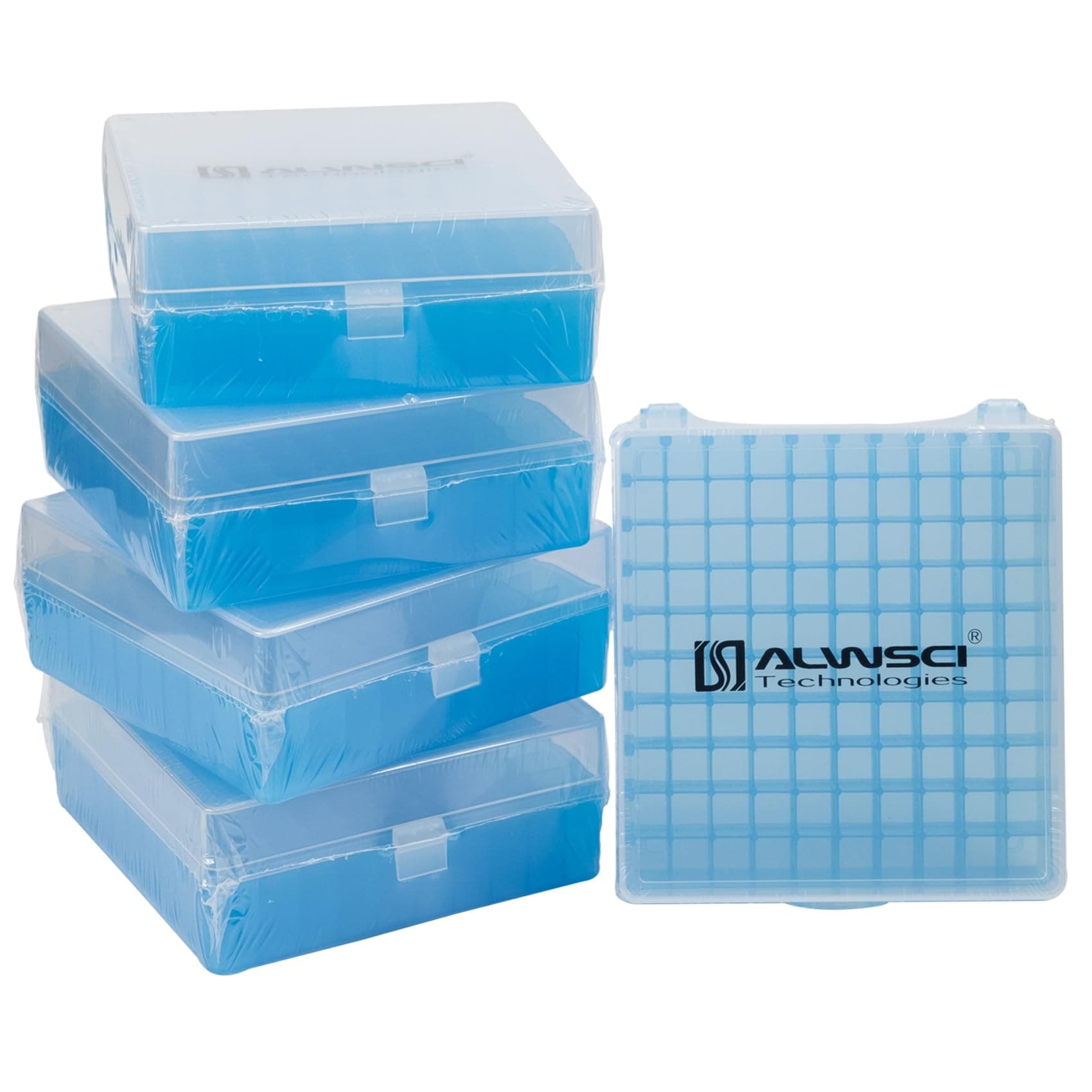 ALWSCI 100 Well Microtube Storage Box, Polypropylene Lockable Vial Holder Rack for 1.5/1.8/2 ml Microcentrifuge Tubes and Autosampler Vials Samples, Blue, 5 Pack