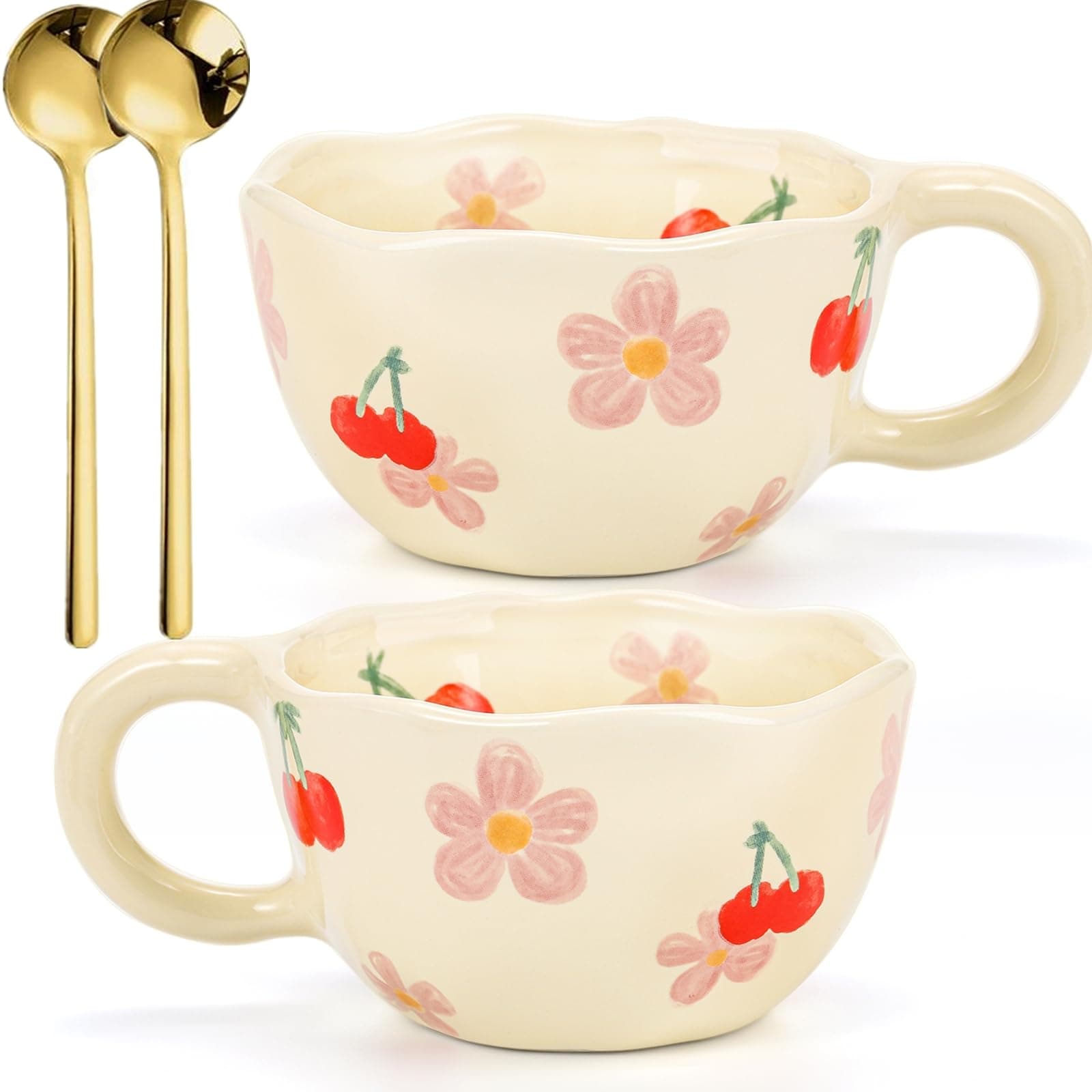 2 Pack Ceramic Coffee Mug with Spoon, 8oz Handmade Hot Chocolate Mugs, Cute Cup for Girl Microwave Safe, Aesthetic Tea Milk Cup with Handle for Latte, Cocoa, Gift, Mom(Cherry flower)
