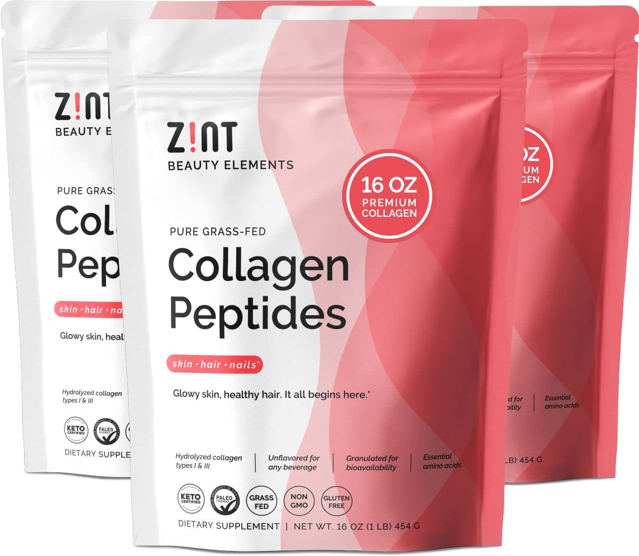 Zint Collagen Peptides Powder (48 oz Bundle, 3 x 16 oz, Best Value): Paleo-Friendly, Keto-Certified, Premium Hydrolyzed Collagen Protein Supplement Types I & III - Unflavored, Grass Fed, Non GMO