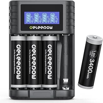 Deleepow AA Rechargeable Batteries Lithium, 3400mWh 1.5V with 2 Hours Fast USB LCD Charger, for Household, Cordless Phones, Remote Controls, Electronics (4 Pack)