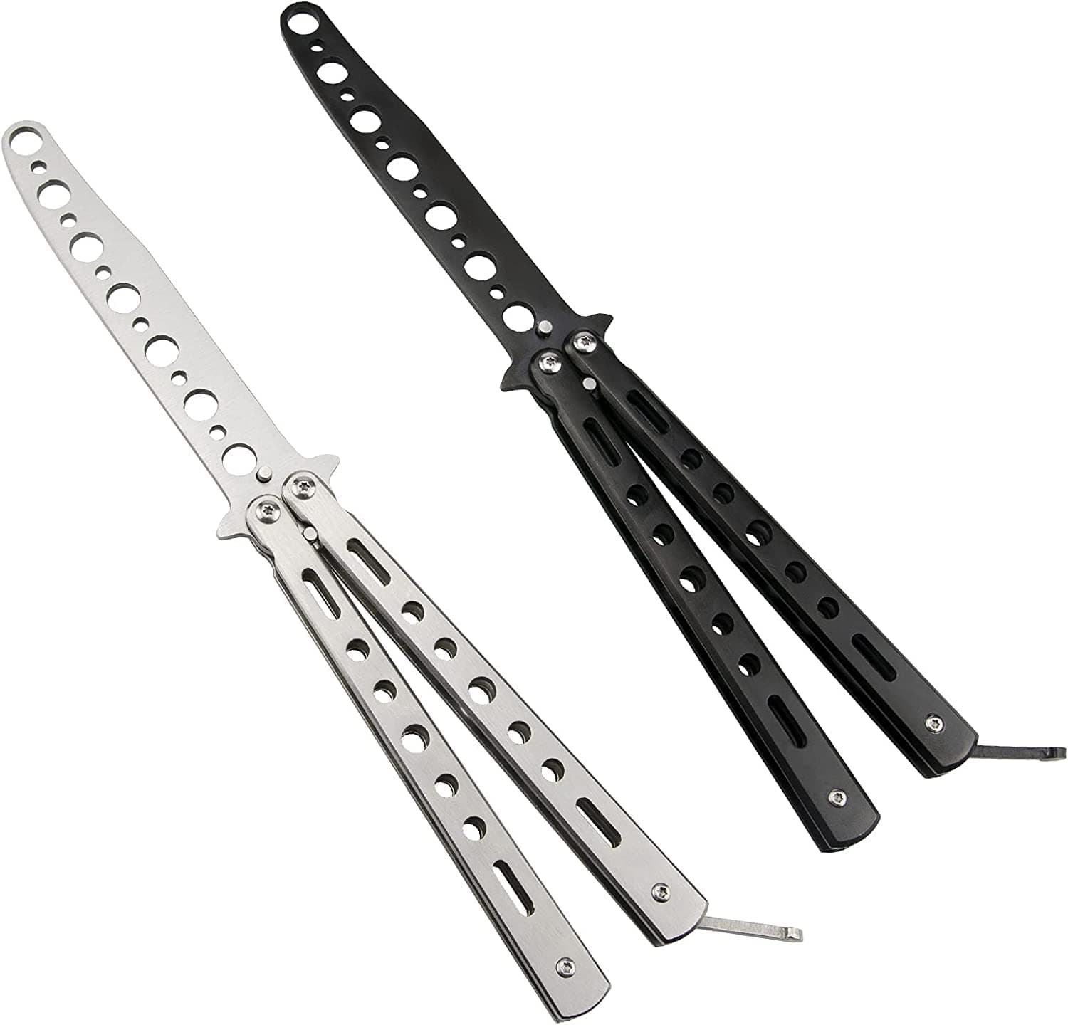 Butterfly Knife - 2 Pack Trainer Practice Tool Steel Metal - Folding Knife Unsharpened -for Practicing Flipping Tricks, Balisong Trainer Black & Silver