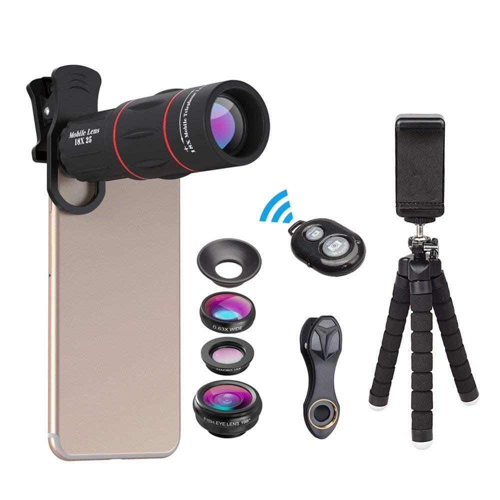 Zoom Lens for Smartphone Camera Lens kit with Hyperzoom 18X Monocular Telephoto Lens, Fisheye, Macro & Wide Angle Lenses, Tripod, and Bluetooth Remote for iPhone, Samsung, and Other Smartphones