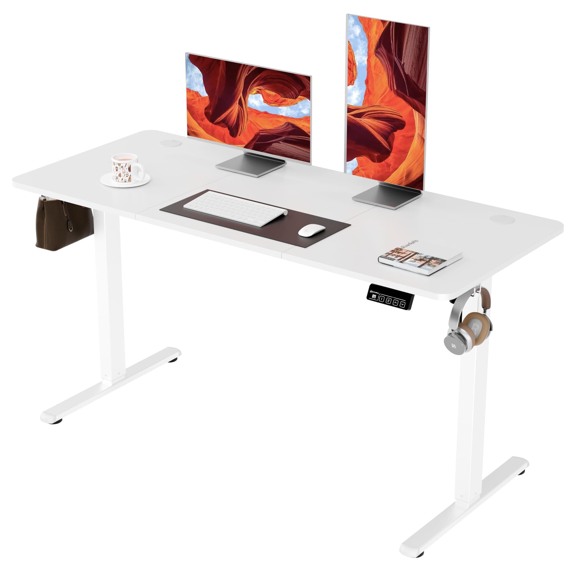 Electric Standing Desk, 140 x 60 cm Height Adjustable Sit Stand Desk with Splice Board for Home Office, Computer Table Memory Preset (White Frame, White Desktop)