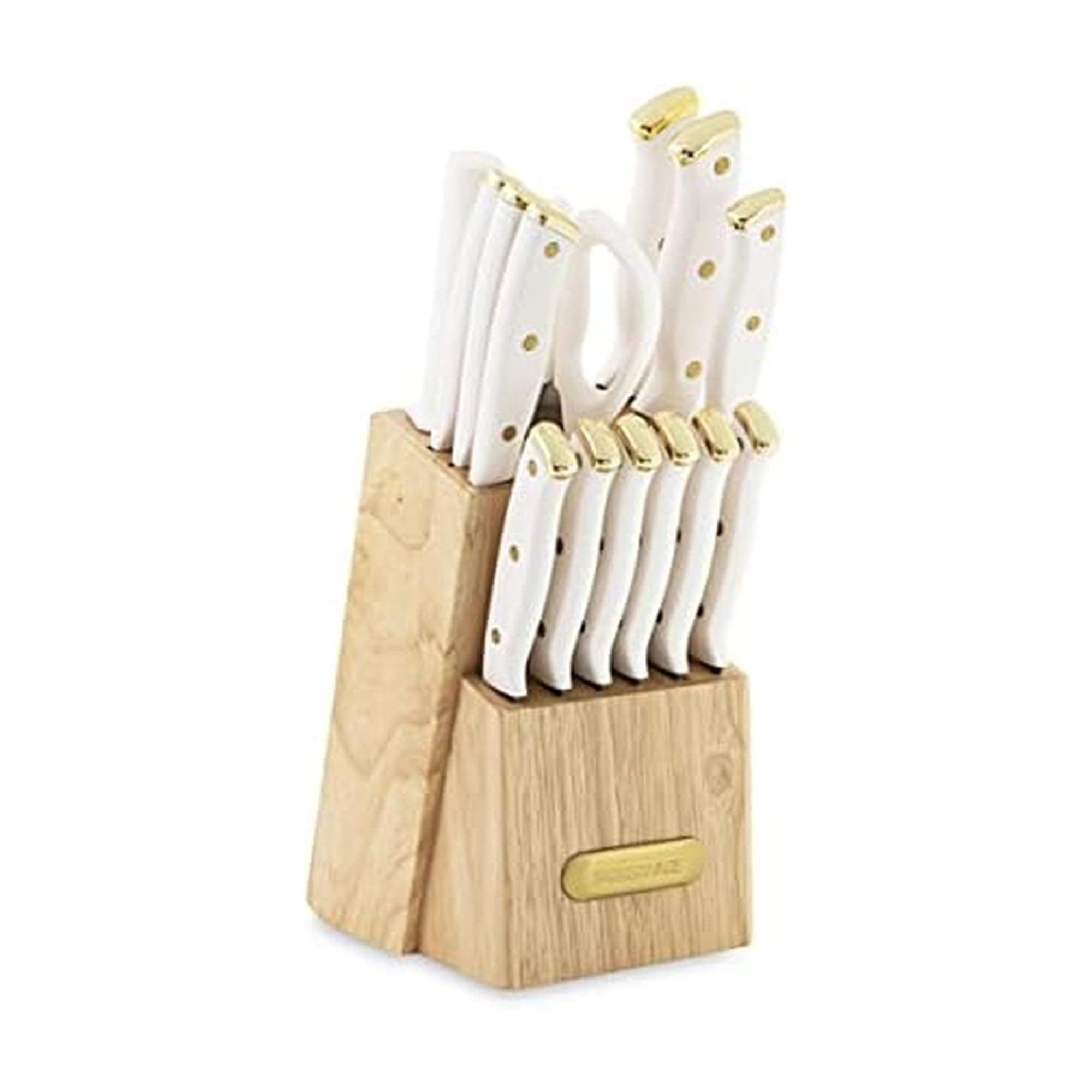 15-Piece Knife Block Set, Triple-Riveted High-Carbon Stainless Steel Kitchen Knives, Razor Sharp Blades, Wood Storage Block, White/gold