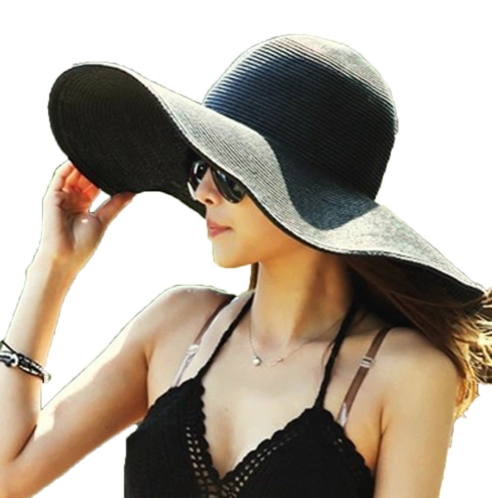 Womens Beach Hat Striped Straw Sun Hat Floppy Big Brim Hat Black