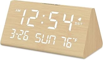 Digital Alarm Clocks for Bedrooms - Wooden Desk Clock with Date, Day of Week, USB Port, Temperature, Dimmer for Bedside Table, Living Room, Office, Adjustable Volume, Auto DST, Wood Decor