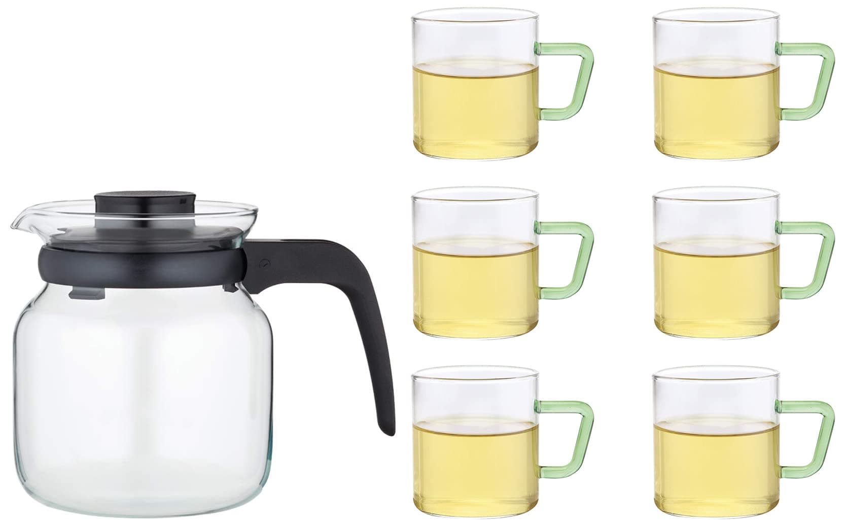 Borosil - Carafe Flame Proof Glass Kettle with Stainer, 650 ml + Borosil Vision Tea N Coffee Glass Mug Set of 6 - Microwave Safe, Green Handle, 190 ml