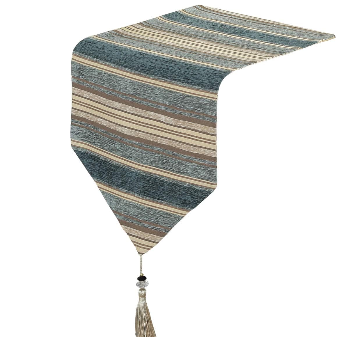 Home Linen Modern Chenille Striped Table Runner with Tassels 13'' W x 82'' L (Teal Blue/Beige)