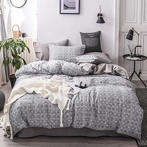 HIGHBUY Geometric Grid Queen Bedding Set Full Gray Cotton Comforter Duvet Cover Set Full Queen 3 Piece Duvet Cover with Zipper,Lightweight Soft Boys Men Comforter Cover Queen with 2 Pillowcase