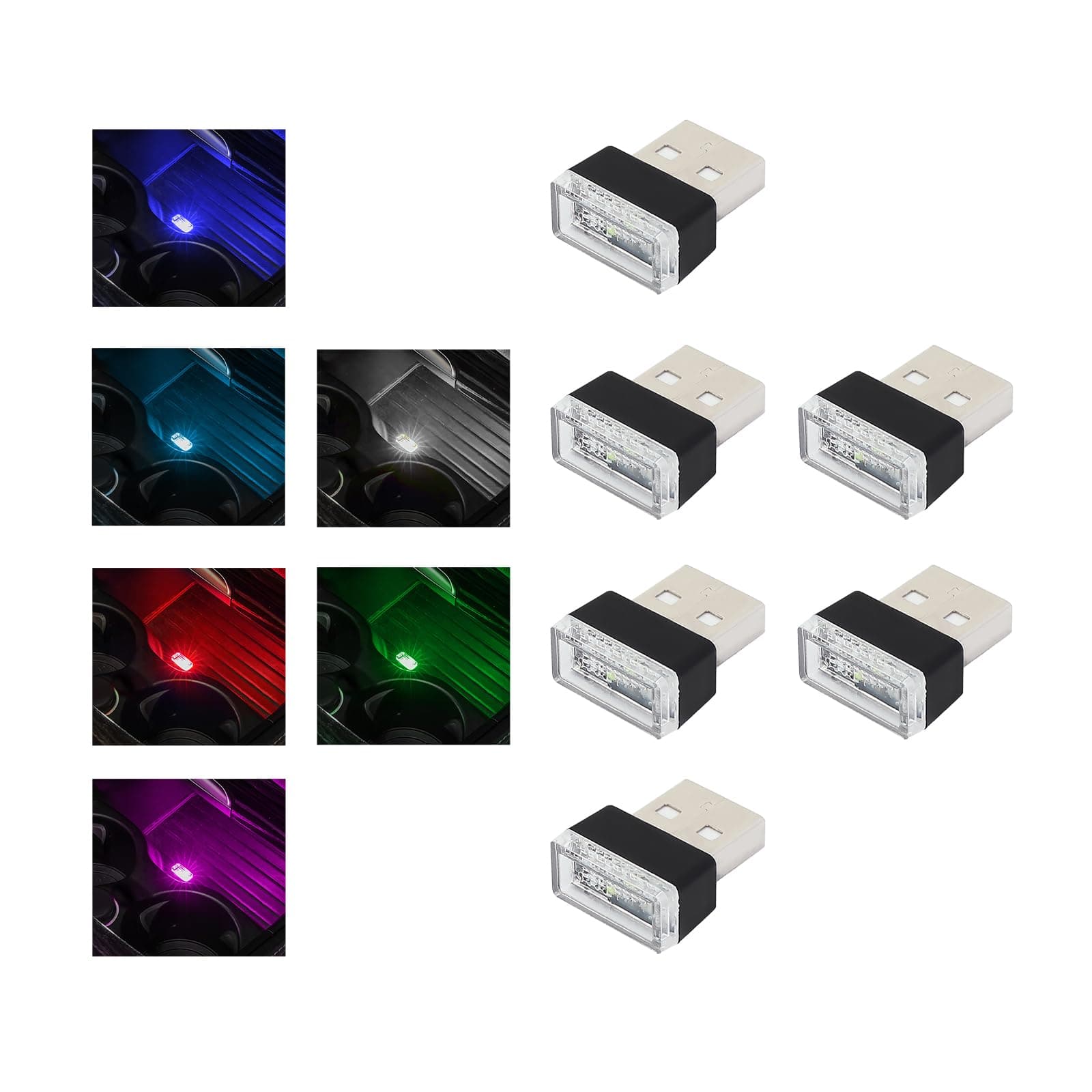 6 PCS USB LED Car Interior Atmosphere Lamp, Plug-in USB Decor Night Light, Portable Auto Ambient Lighting Kit, Universal Vehicle Interior Accessories for Most Cars (6 Colors)