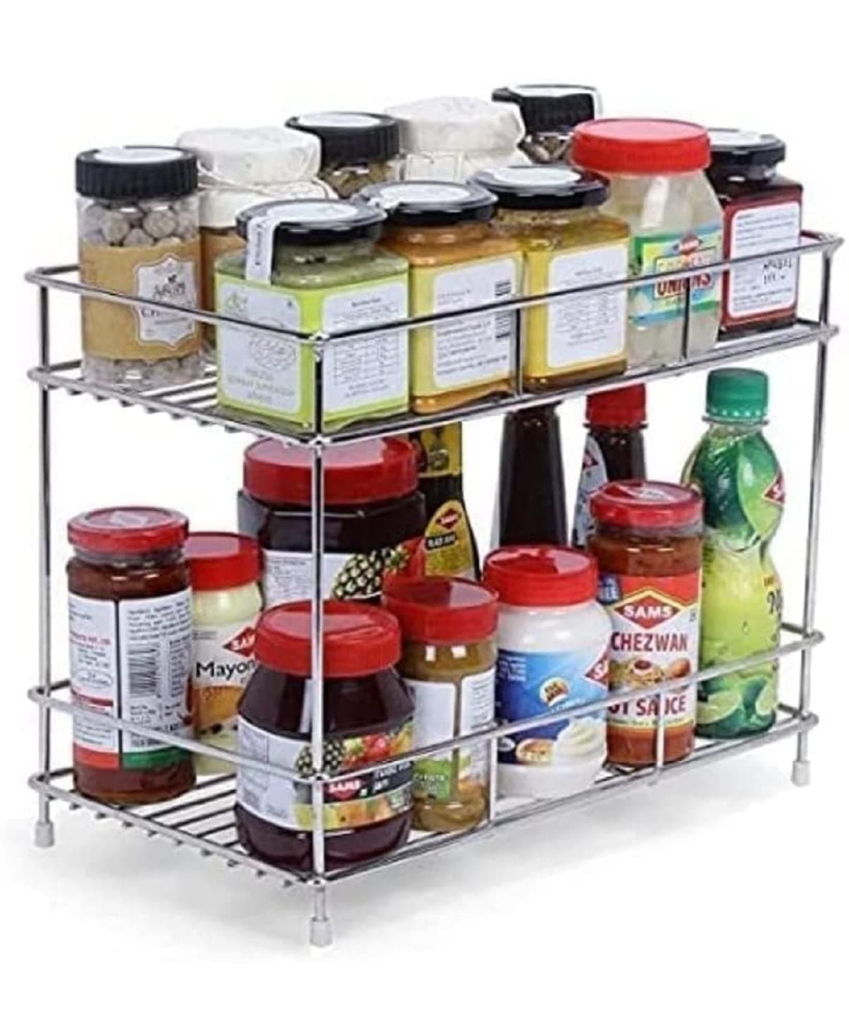 AB99 COLLECTION Stainless Steel Kitchen Storage Organizer, high with 2 Shelves, Holds Items Such as Jars, Smaller and Spices for Your Kitchen Pantry or countertop. (Silver 1 PCS0