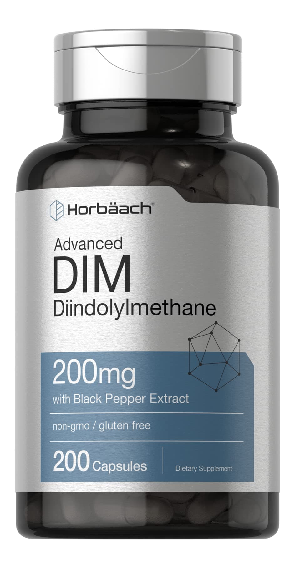 Horbäach DIM Supplement | 200mg | 200 Capsules | Diindolylmethane with Black Pepper Extract | Non-GMO, Gluten Free Formula