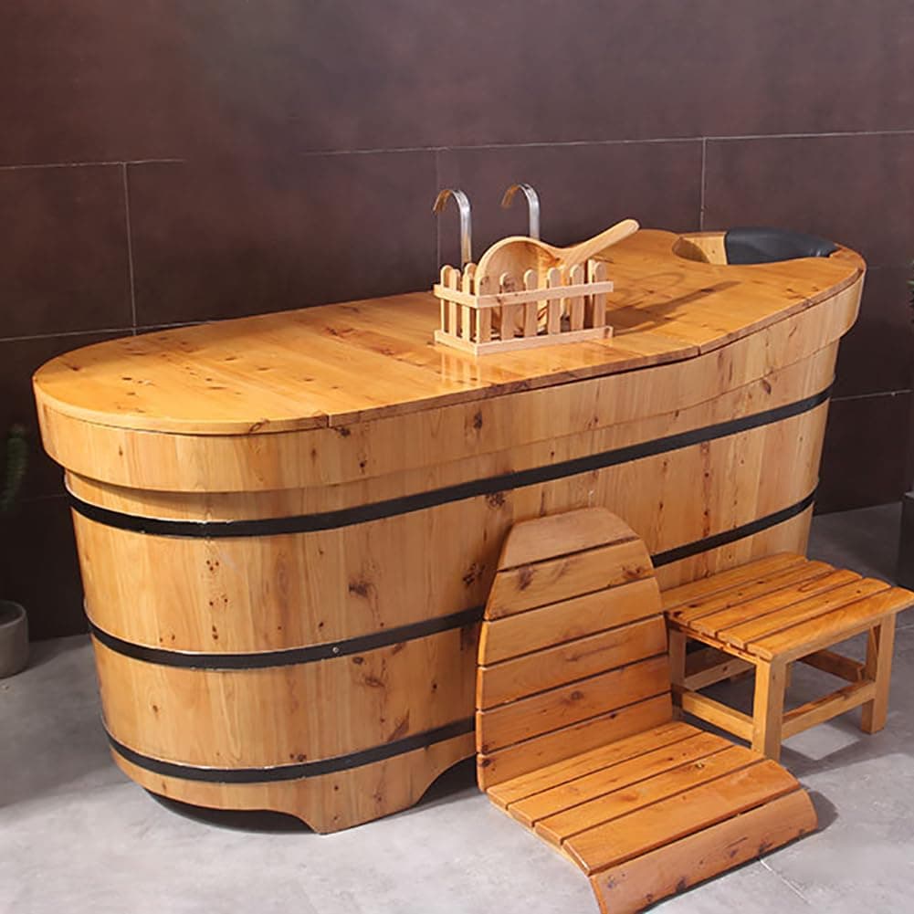 Mobile Free Standing Wooden Bathtub with Bath Tray, Solid Wood Bathtub Lit, Spa Deep Soaker with Tub Chair, Classic Japanese Body Soaking Barrel with Lid/Pop-Up Drain,150cm/59.05"