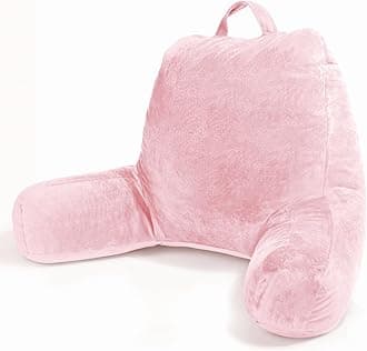 Sasttie Reading Pillow, Velvet Back Pillow for Bed Sitting Up, Adult Back-Rest Support Cushion with Arms for Sit Up on Couch, Sofa, and Floor, Dorm Essentials, Reading Accessories, Pink