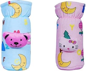 The Cheeky Kidzz Stretchable Soft Velvet Plush Attractive Cartoon Overall Multi Prints Baby Feeding Bottle Cover with Holding Strap Suitable for 150ml 220ml 240ml 250ml Feeding Bottles(Pack of 2;MULTI-COLORS)