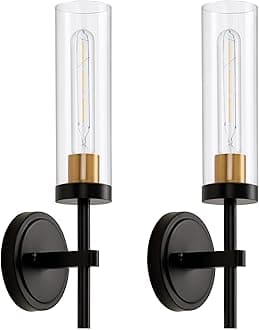 Black and Gold Hardwired Wall Sconces Set of 2, Modern Bathroom Vanity Sconces Wall Lighting with Clear Glass Shade, Farmhouse Wall Mount Lights for Mirror Bedroom Living Room Hallway Kitchen