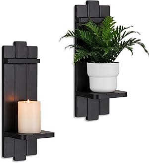 Wall Candle Holders Set of 2: Wooden Candle Sconces Vingtage Wall Art Decor (Black)