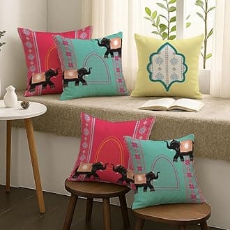 STITCHNEST Set of 5 Polycotton Cushion Covers – 18x18 Inches – Traditional Elephant & Arch Motif in Pink, Aqua & Yellow – Ethnic Festive Cushion Covers for Sofa & Home Decor
