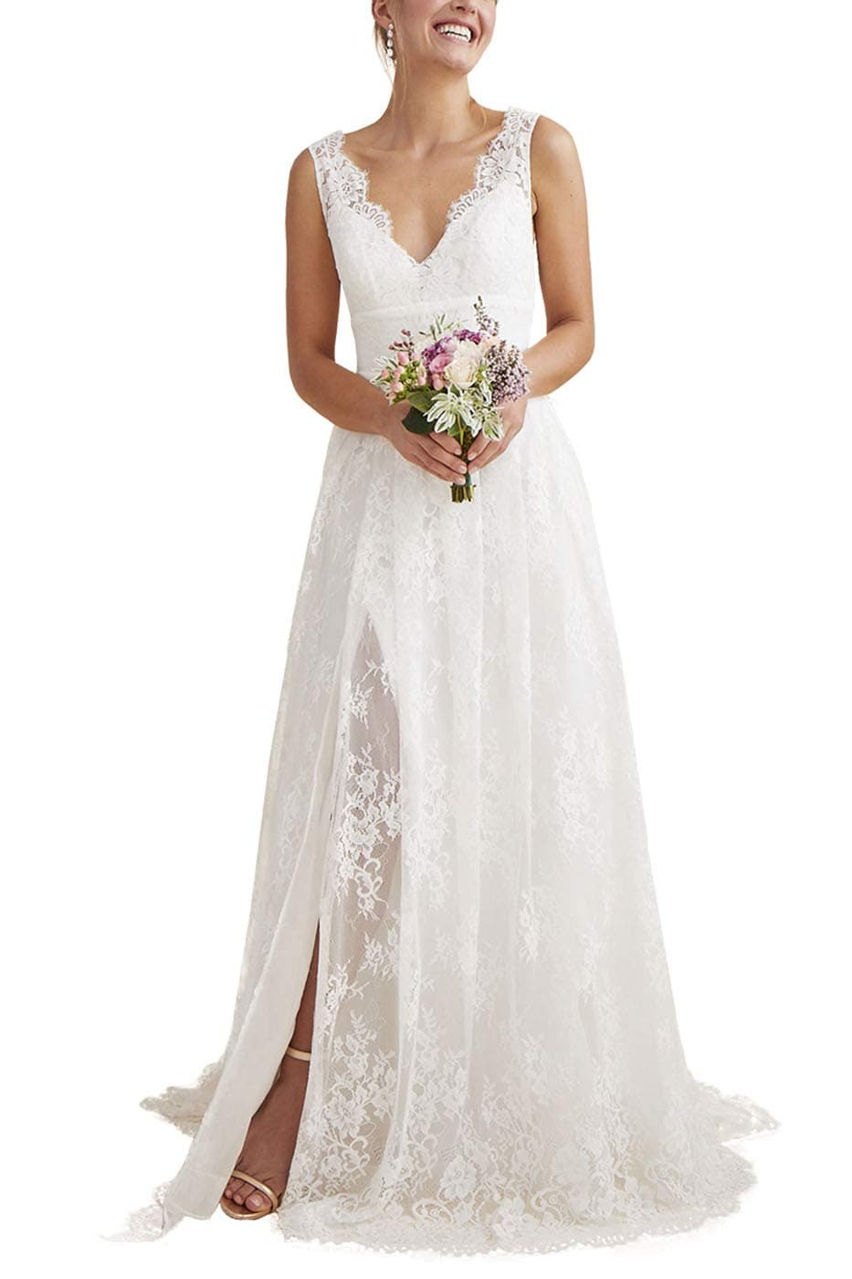 Beach Wedding Dresses for Bride 2022 Long Sleeve Lace Boho Bridal Gowns for Women WDW001