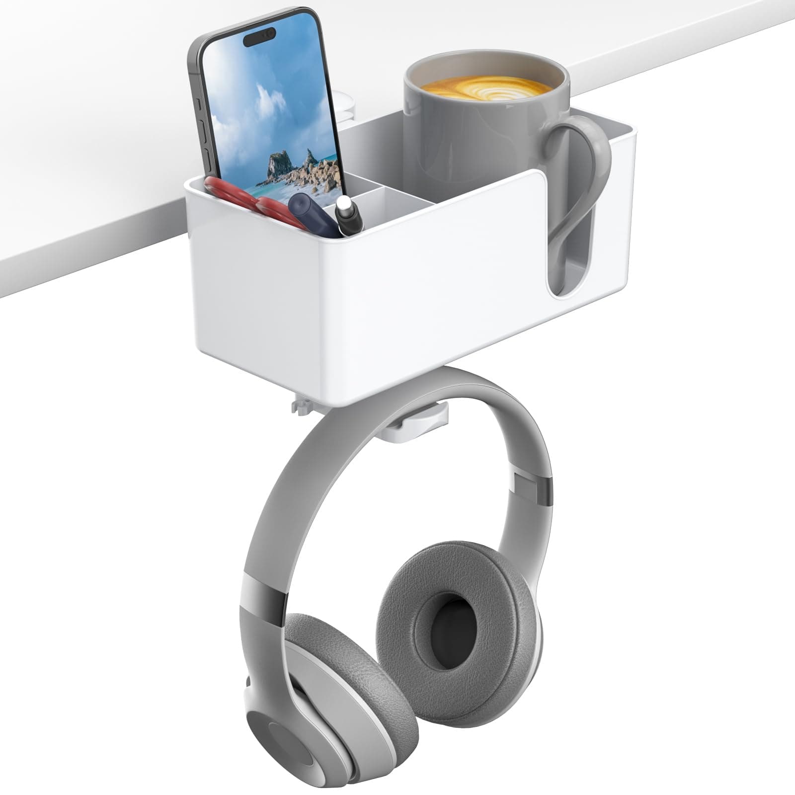 KDD 4-in-1 Desk Organizer - Under Desk Cup Holder and Headphone Hanger with 2 Wire Holes - Rotating Hanger and Detachable Storage for Cup, Phone and Pen (White)