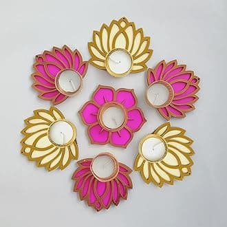 Handmade 7 Pc Pink & Cream Lotus Flower Diya Rangoli Smooth Scented Candles With Wax For Diwali Ganesh Chaturthi Laxmi Pooja Home Temple Rangoli Diya Floor Decoration