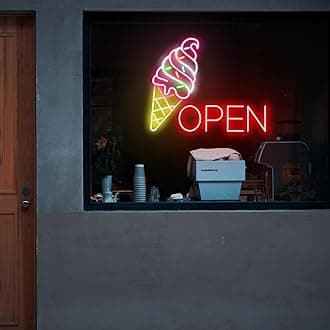 Ice Cream Open Neon Sign 20 inches Led Ice Cream Light Up Signs Wall Decor for Home Bedroom Dessert Coffee Bar Shop Decorations