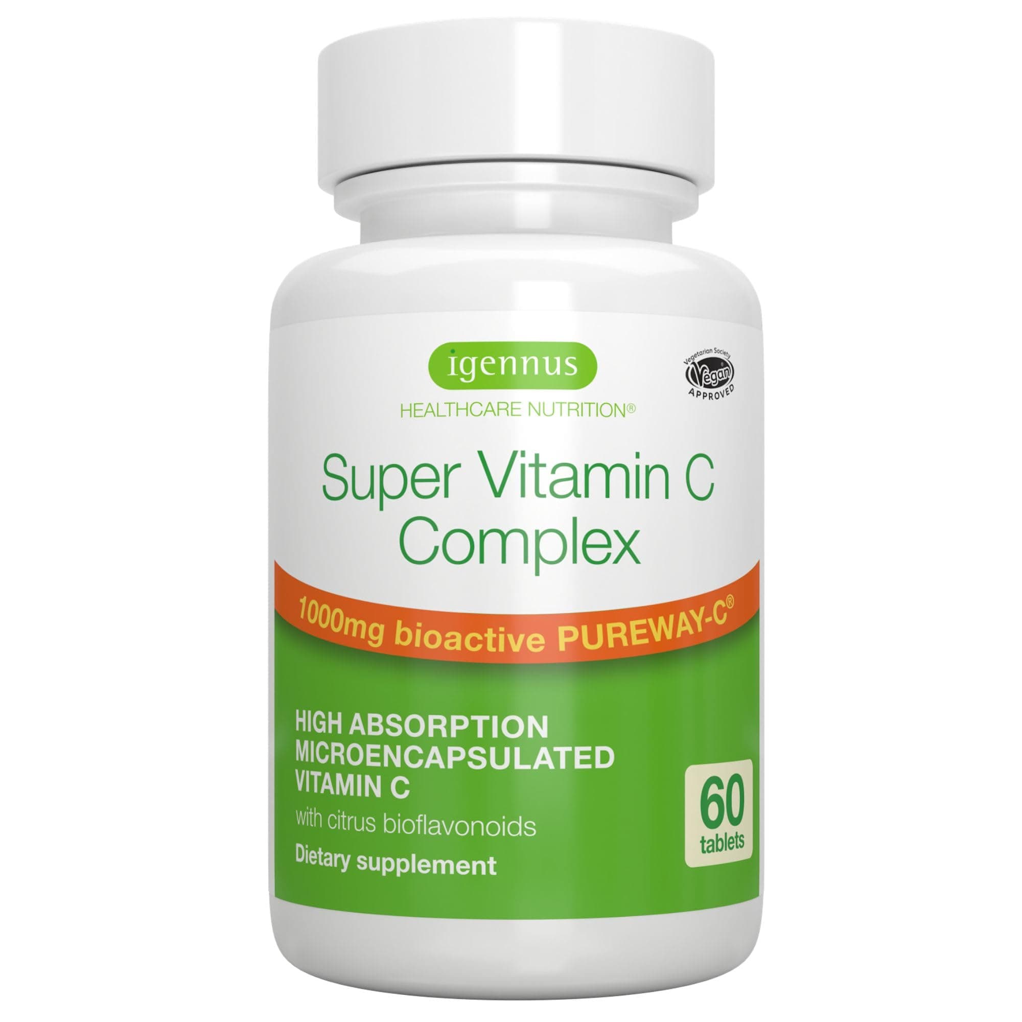 Igennus Super Vitamin C Complex, Vegan, 1000mg High Absorption Pureway-C Vitamin C with Bioflavonoids, 60 Servings, 2 Month Supply, 24-Hour Action, Immune Health, Energy, Heart & Brain,