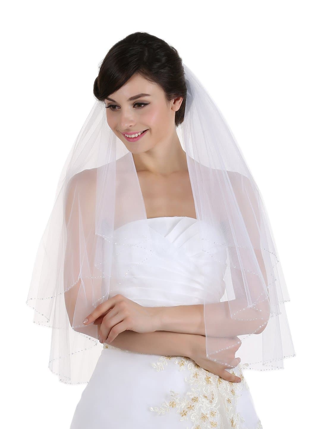 2T 2 Tier AB Crystal Beaded Edge Bridal Wedding Veil - white Elbow Length 30" V276