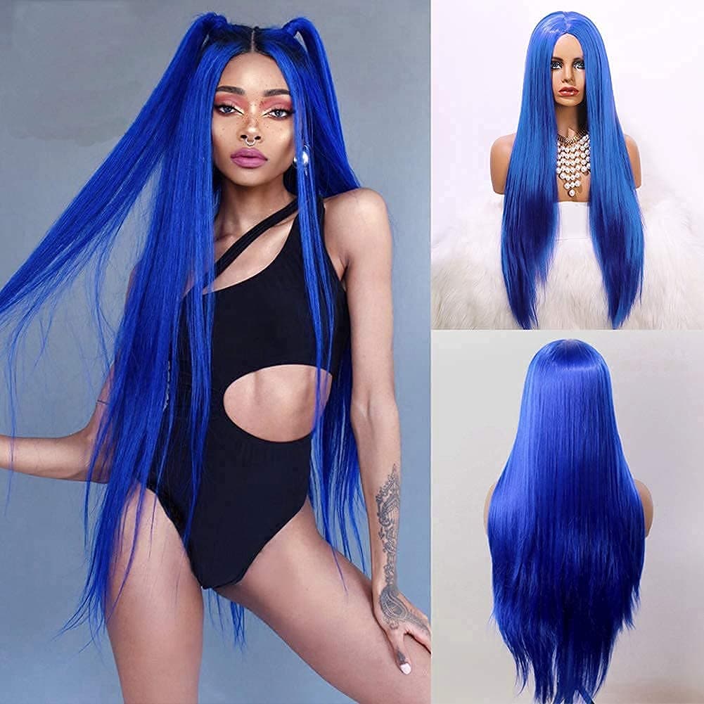 EEWIGS Blue Long Straight Synthetic Middle Part None Lace Wigs Natural Looking full machine made wig Heat Resistant Fiber Hair for Women (blue)