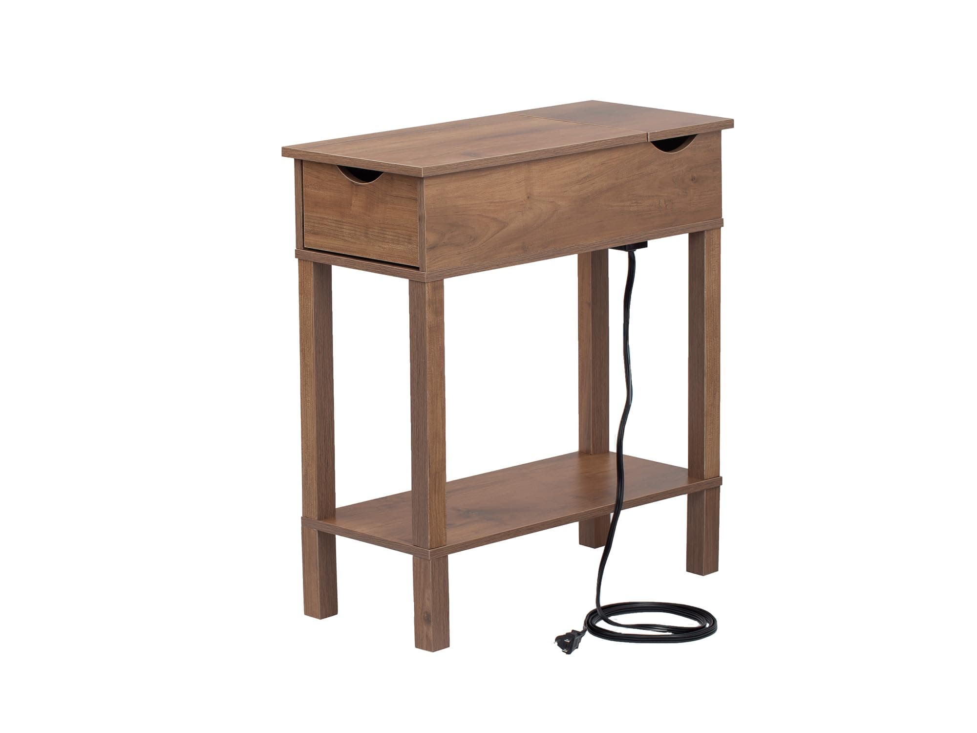 Labcosi Modern Farmhouse Side Table, Narrow End Table with Charging Station, Large Flip Top End Table with Storage Shelf, Rustic Oak Color