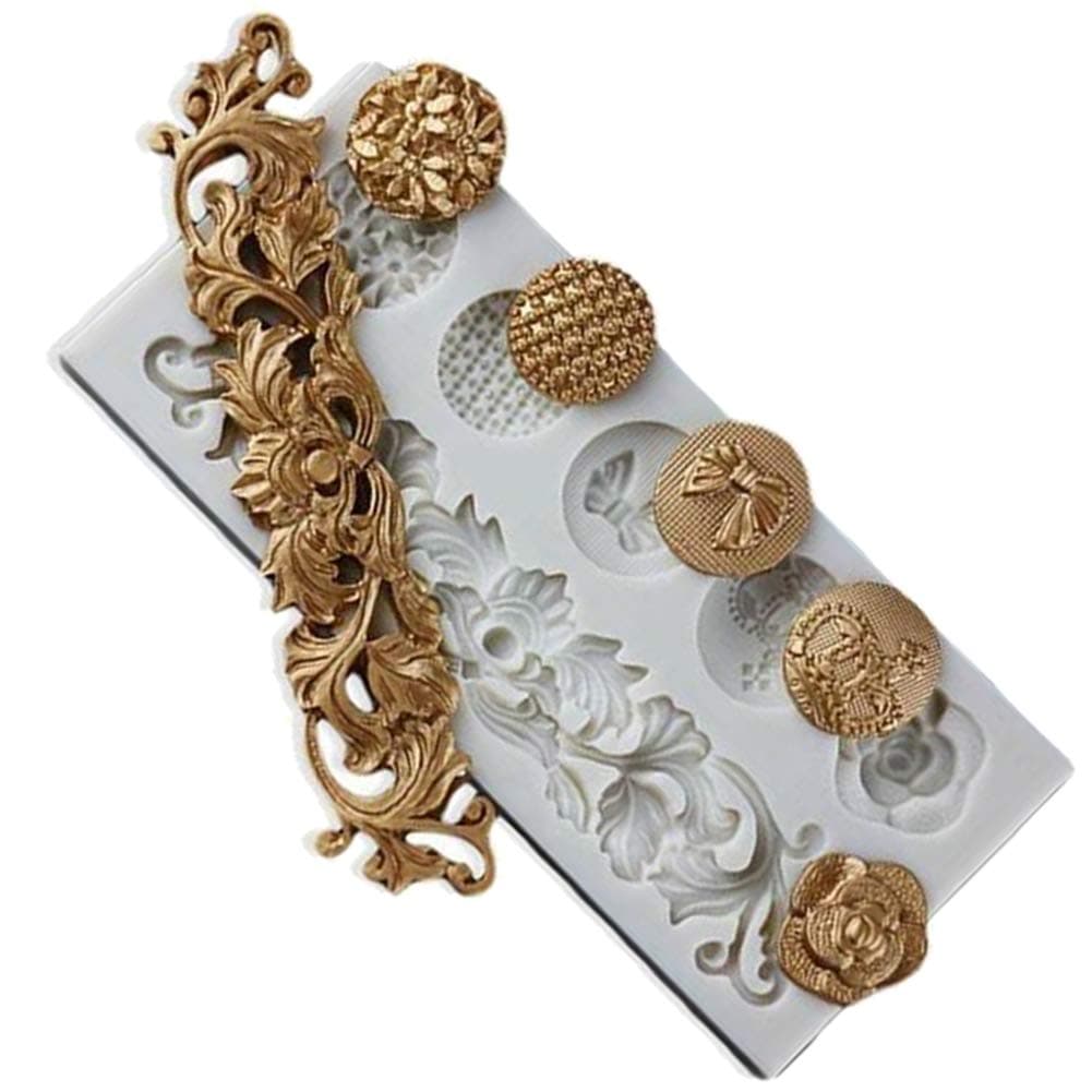 DIY Baroque Scroll Relief Cake Border Silicone Molds Baroque Style Curlicues Scroll Lace Fondant Silicone Mold European Frame Cake Decorating Tools Relief Flower Lace Mould Mat(Grey)