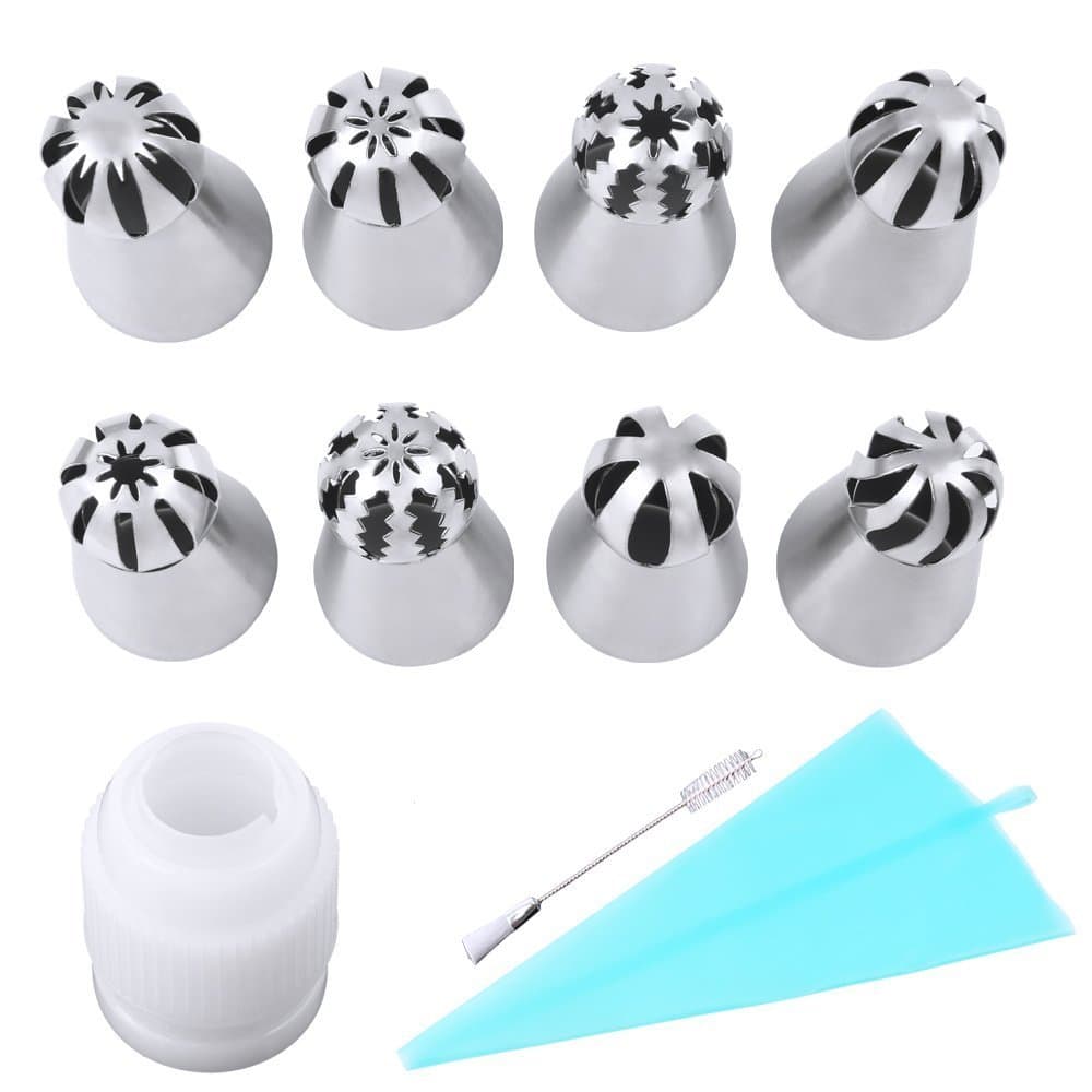 Russian Ball Tips, MCIRCO Russian Piping Tips Icing Tips Nozzles Cake Decorating Supplies 8-piece Cookies Macaron Cupcake Decorating Tips Kits with Reusable Silicone Pastry Bag and Coupler(Set of 8)