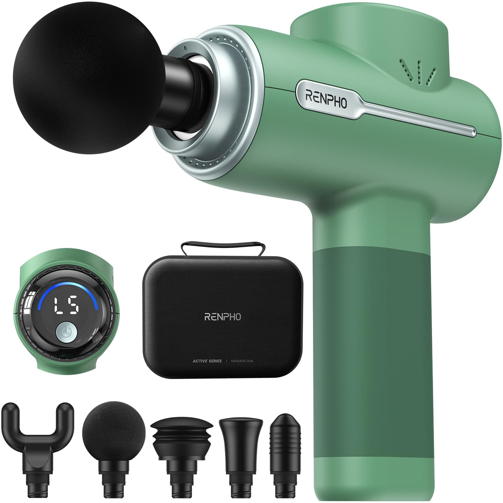 Active Massage Gun, Deep Tissue Percussion Massager for Back and Neck, Portable Handheld Massager with 5 Speeds, 5 Attachments, Carry Case, Green
