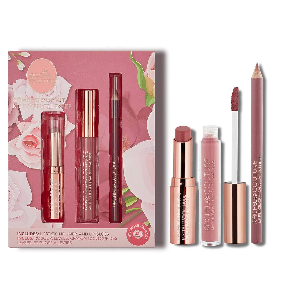 Rachel Couture Complete Lip Kit | Includes Lipstick, Lip Liner & Lip Gloss | Vegan & Cruelty Free | Infused with Rose Extract - Nude