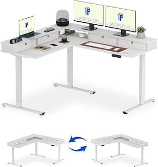 FLEXISPOT 63" L Shaped Standing Desk with Shelf Electric Corner Table, Drawers, Adjustable Computer Workstation for Home, Office,63x55in, White Top + White Frame