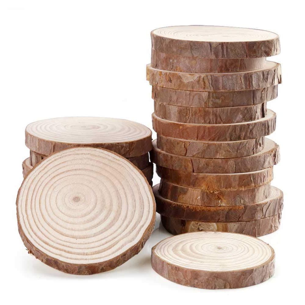 Mayeec Wood Slices 12pcs 3.2"-3.6" (Thickness:0.42") with Ree Bark Log Discs for DIY Craft Woodburning Christmas Rustic Wedding Ornaments