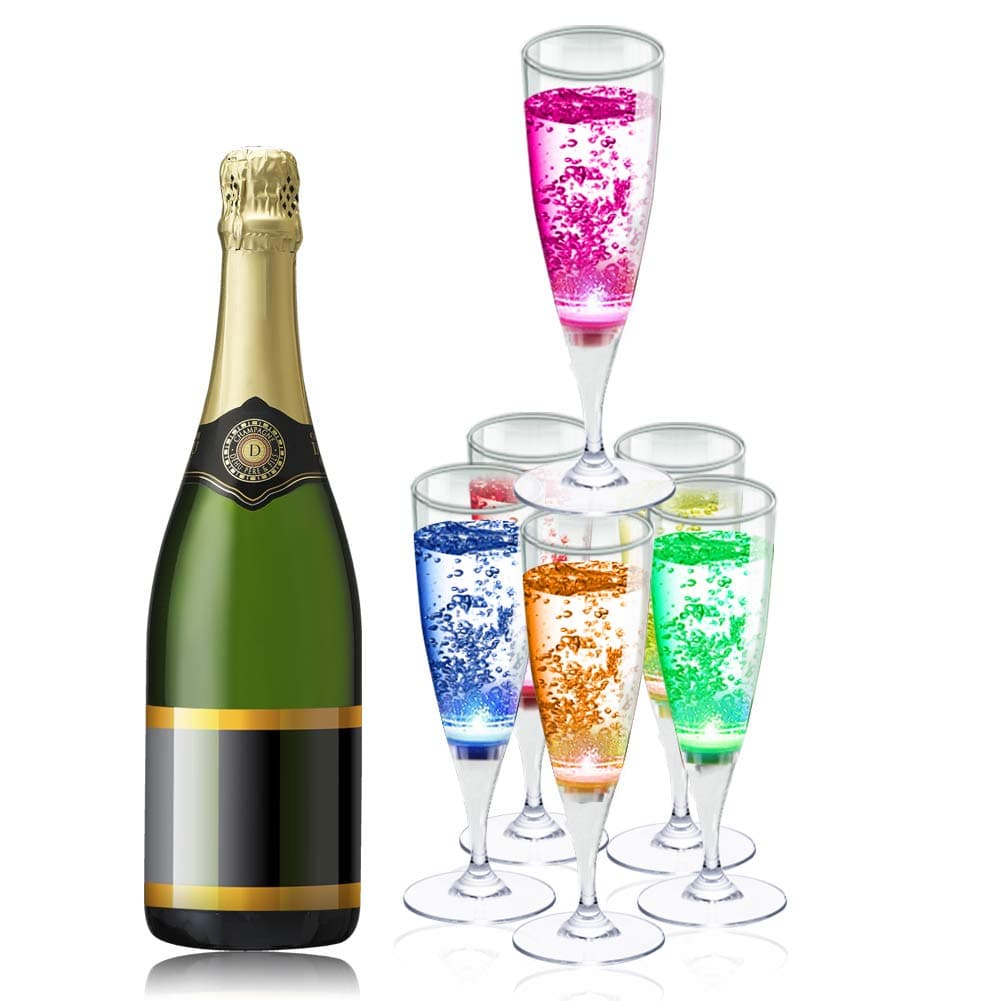 XinXu LED Champagne Flutes 6 Pack Wine Glasses Light Up Champagne Glasses LED Liquid Activated Champagne Flute's for Bar Party Birthday Wedding Festival Various Parties