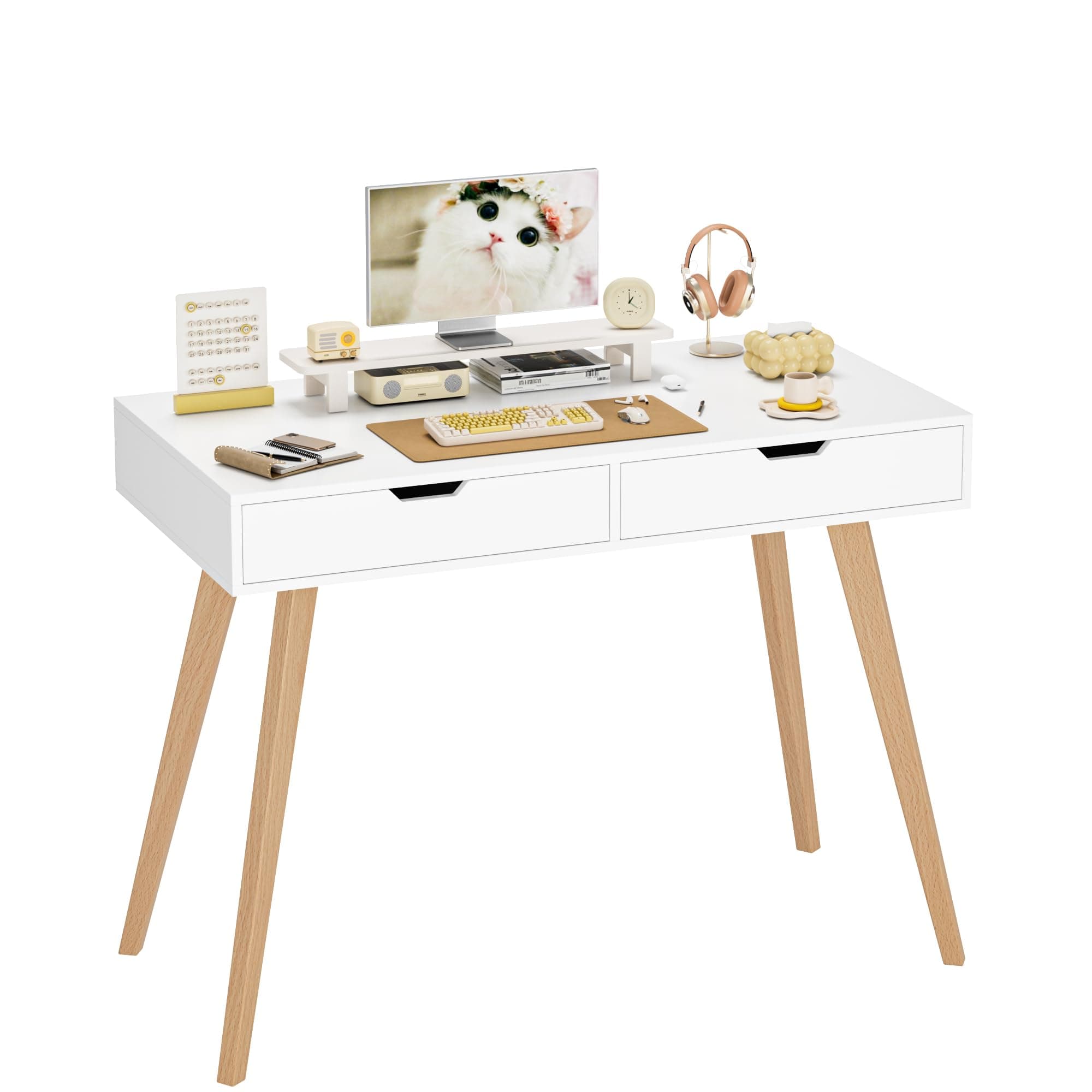 FOTOSOK White Computer Writing Desk with 2 Drawers, Small Desk Makeup Vanity Table Wood Desk with 4 Oak Legs, Modern Home Office Desk Console Study Table