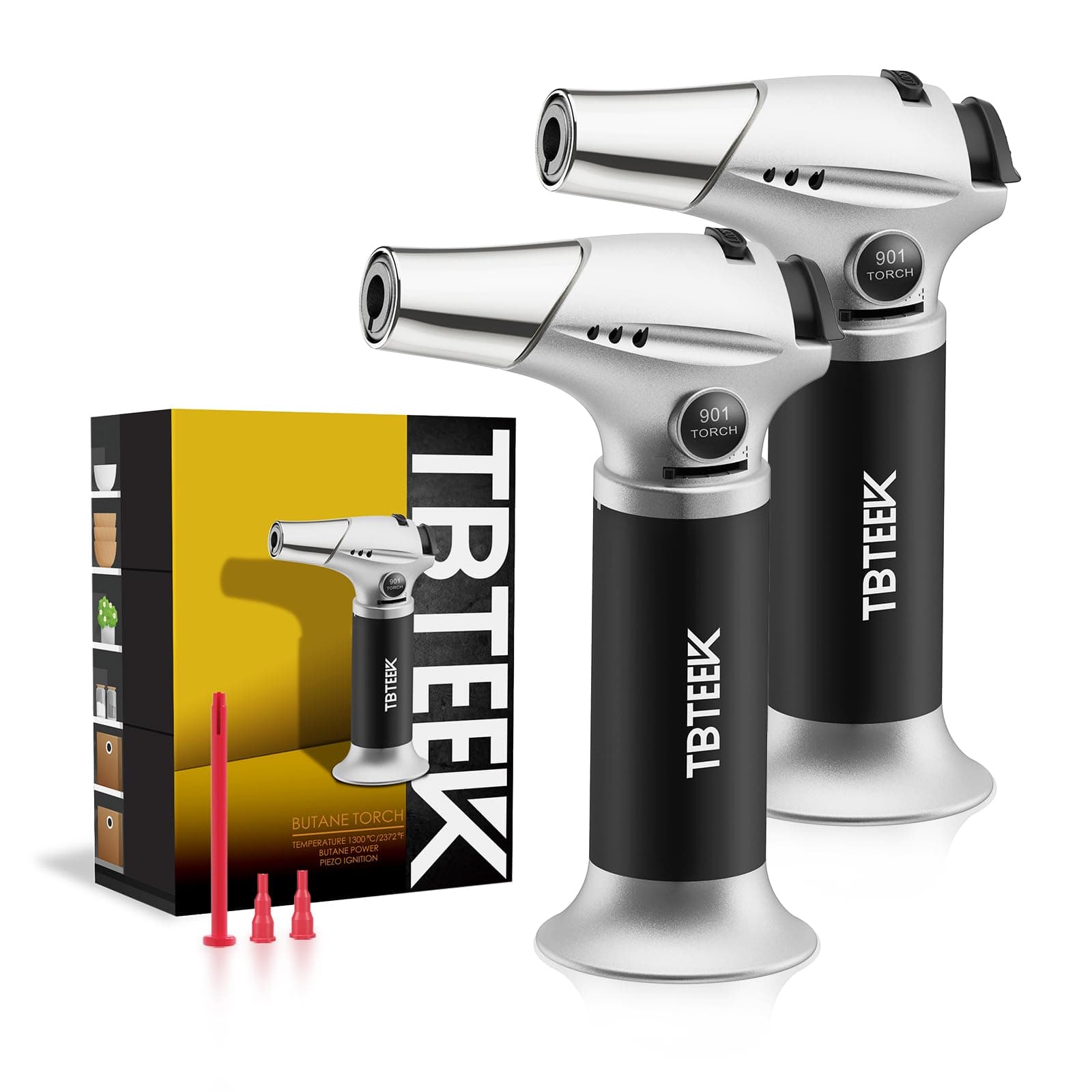 Butane Torch, Kitchen Torch Cooking Torch with Safety Lock & Adjustable Flame for Cooking, BBQ, Baking, Brulee, Creme, DIY Soldering, 2Pack (Butane Not Included)