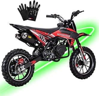 49cc Kids Dirt Bike, 2-Stroke Gas Powered Mini Dirt Bike for Kids Ages 8+, Dual Exhaust Sport Upgrade, Dual Disc Brakes & Suspension, Safe Chain Guard, 10" Off-Road Tires, 25mph (Red)