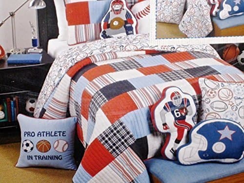STANDARD BLUES Red White & Blue Striped Reversible 3 Piece Full Queen Quilt Set Sports Baseball, Football, Basketball, Soccer