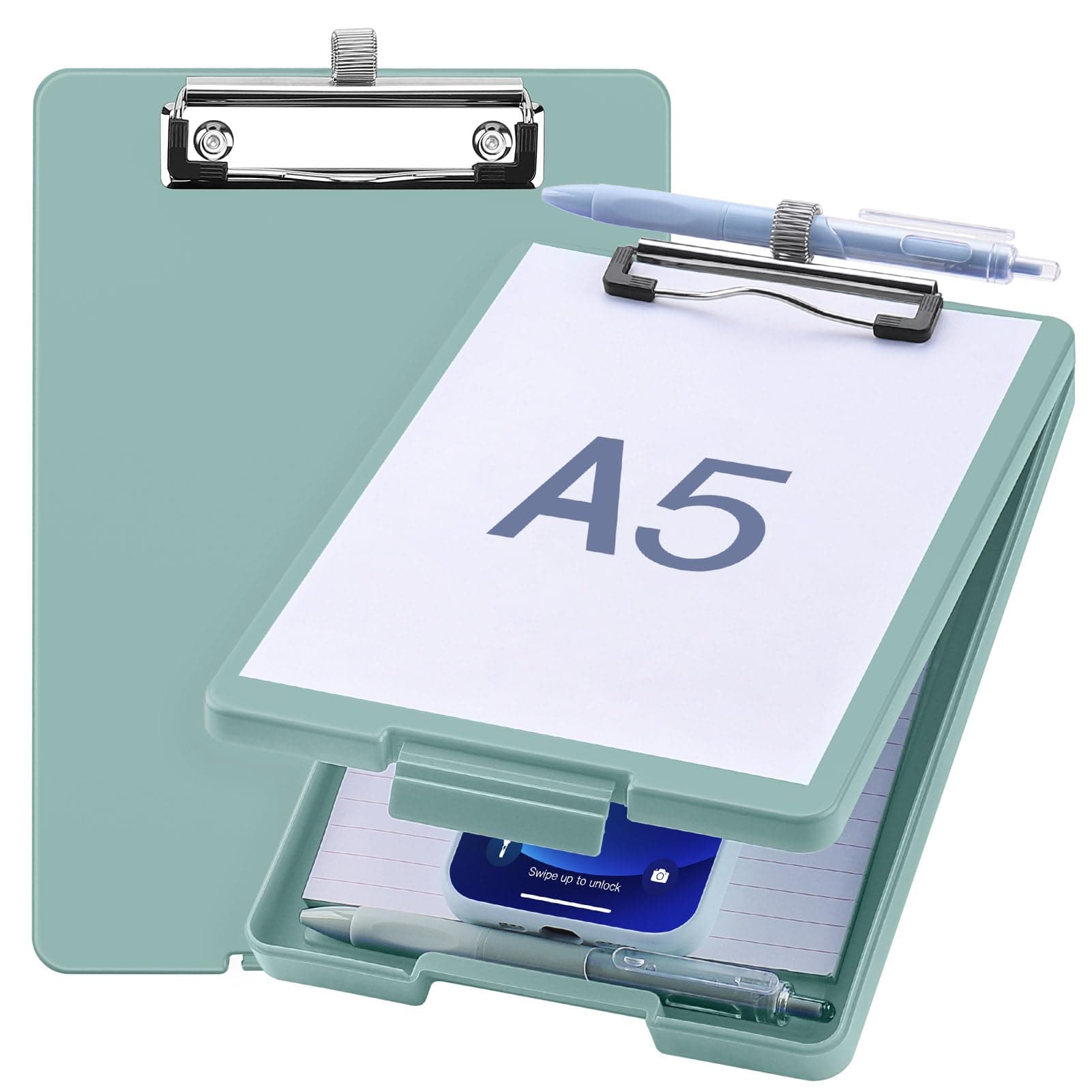 Small Clipboard with Storage, A5 Clipboards with Pen Holder, Half Letter Clip Boards 6x9 Mini Plastic Clipboard with Low Profile Clip for Classroom, School, Office Supplies (Grey Green)
