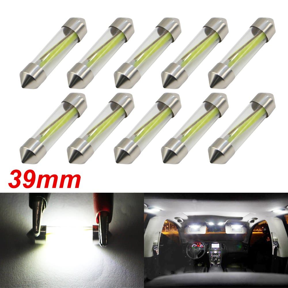 Boodlied 10x Low Power COB Chipset SMD 39mm Festoon C5W DE3175 DE3021 DE3022 3175 For Dome Map Trunk Car LED Reading Light Bulbs Super White 6000K~6500K (10X-39MM-COB-SJ-TM)