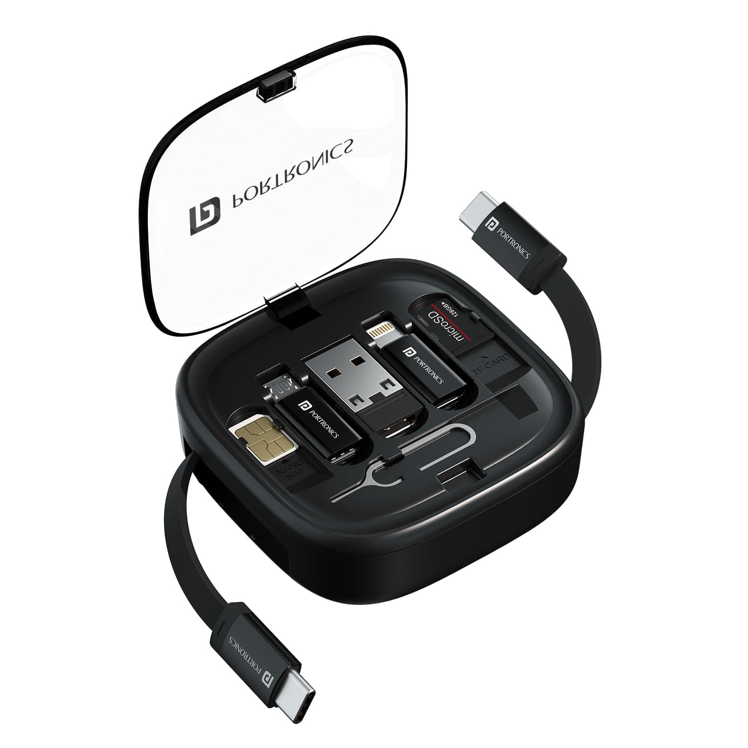 Portronics Snapcase 2 60W Multifunctional Fast Charging Data Cable Kit With Retractable Cable, Conversion Set USB A & Type C to Male Micro/Lightning,Sim Storage,Sim Eject Pin