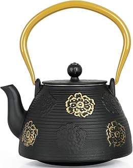 Ufine Cast Iron Teapot with Infuser for Loose Leaf Tea Japanese Style Tea Kettle for Stove Top, Enameled Interior Sakura Design (Black,40oz/1200ml)