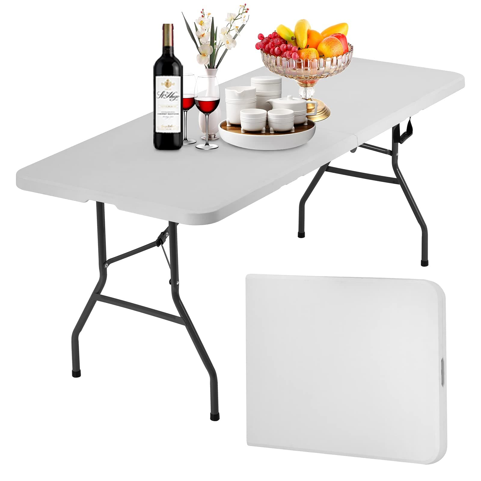 Folding Table 6 ft | Heavy Duty Plastic Picnic Table Indoor Outdoor | Portable Camping Dining Party Utility Table | Easy to Assemble & Foldable - White