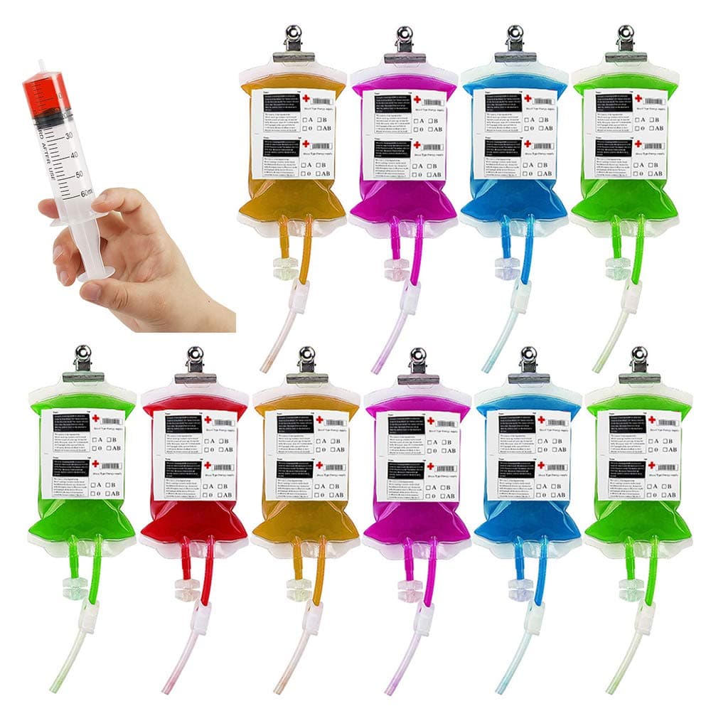 Willtone 10Pcs Halloween Blood Bag for Drinks Container for Zombie Party, Decoration, Costume with Syringe and Blood Type Stickers