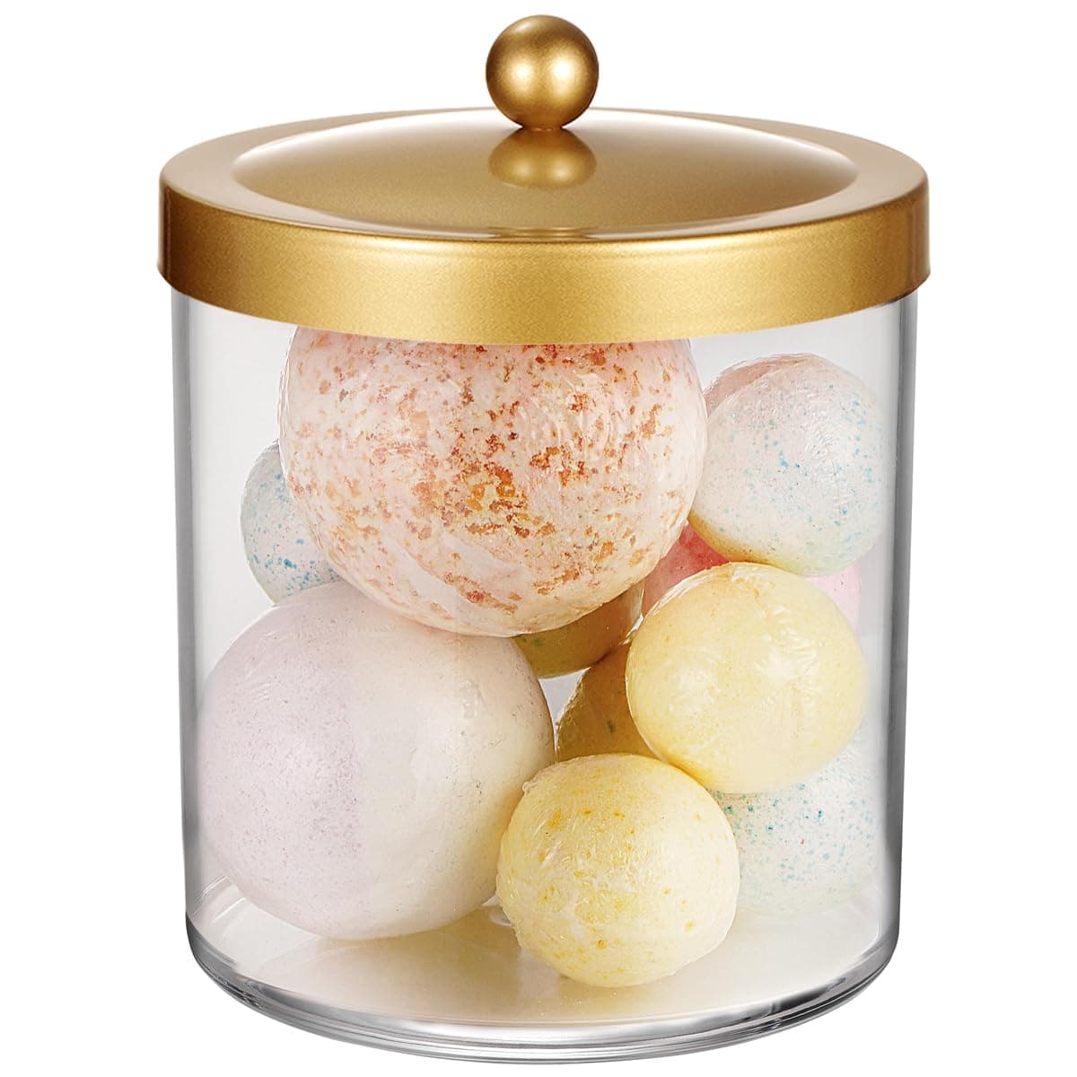 SheeChung 50 Ounce Large Clear Apothecary Jar with Gold Rust-Proof Lid - Shatterproof Plastic Storage Canister - Modern Luxury Bathroom Vanity & Laundry Room Organizer for Pods, Bath Salts